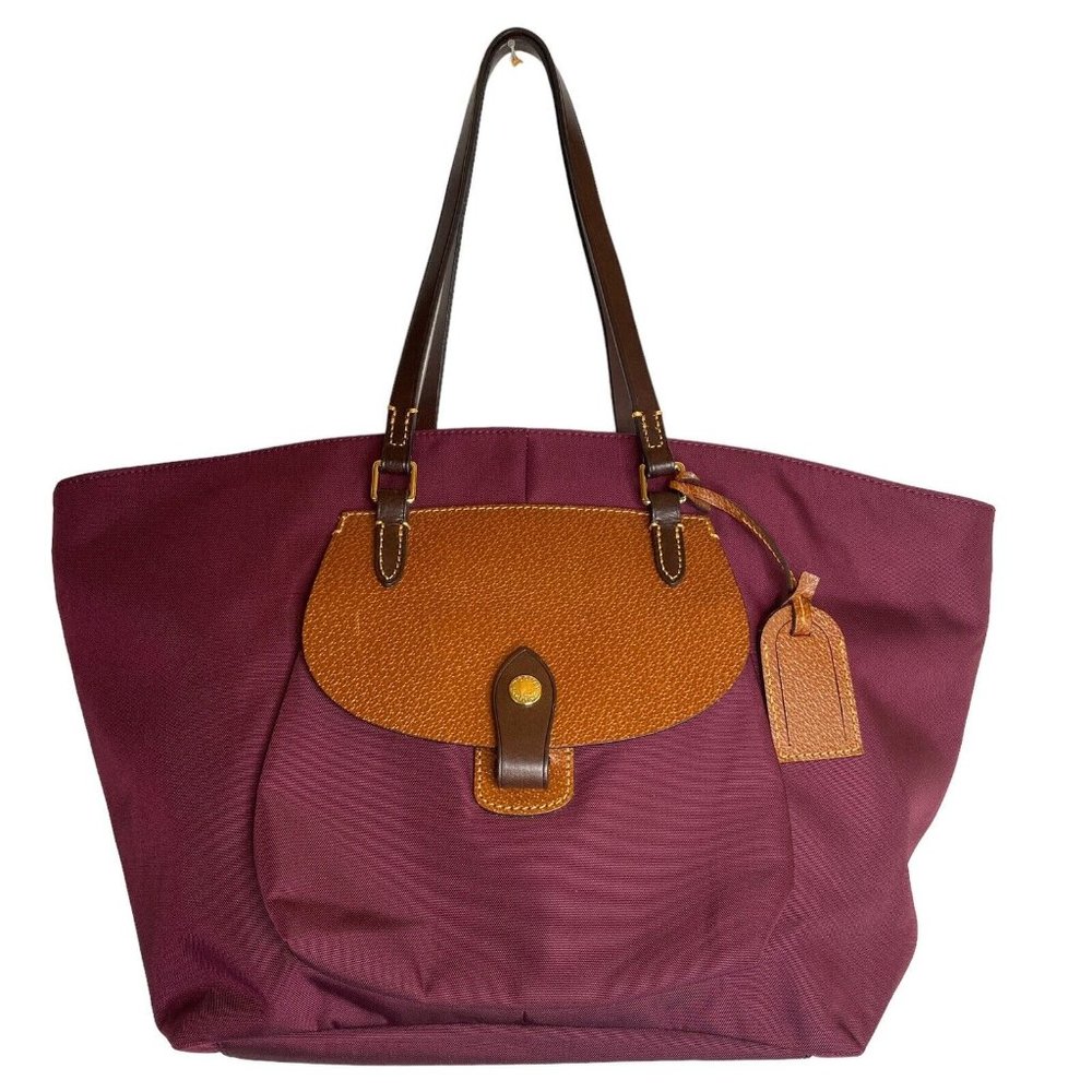 Dooney And Bourke Nylon Leather Pocket Shopper Tote Purple Bordeaux